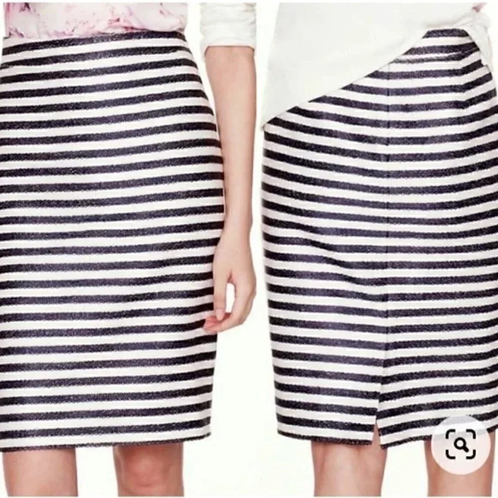 J. Crew Collection Pencil Skirt in Raffia Stripe Navy/Ivory Size 4